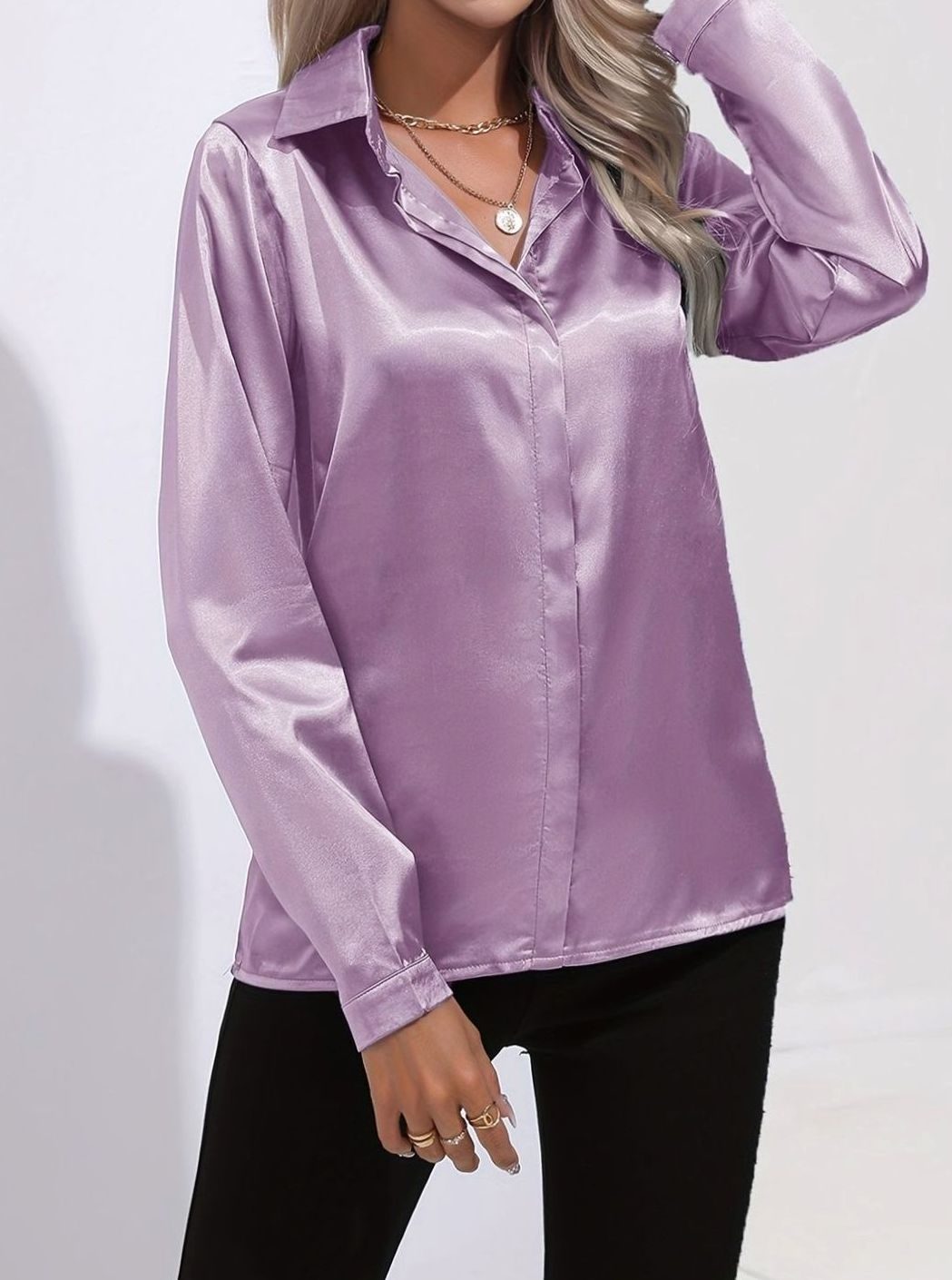 Women's Long Sleeve Button-Down Satin Blouses
