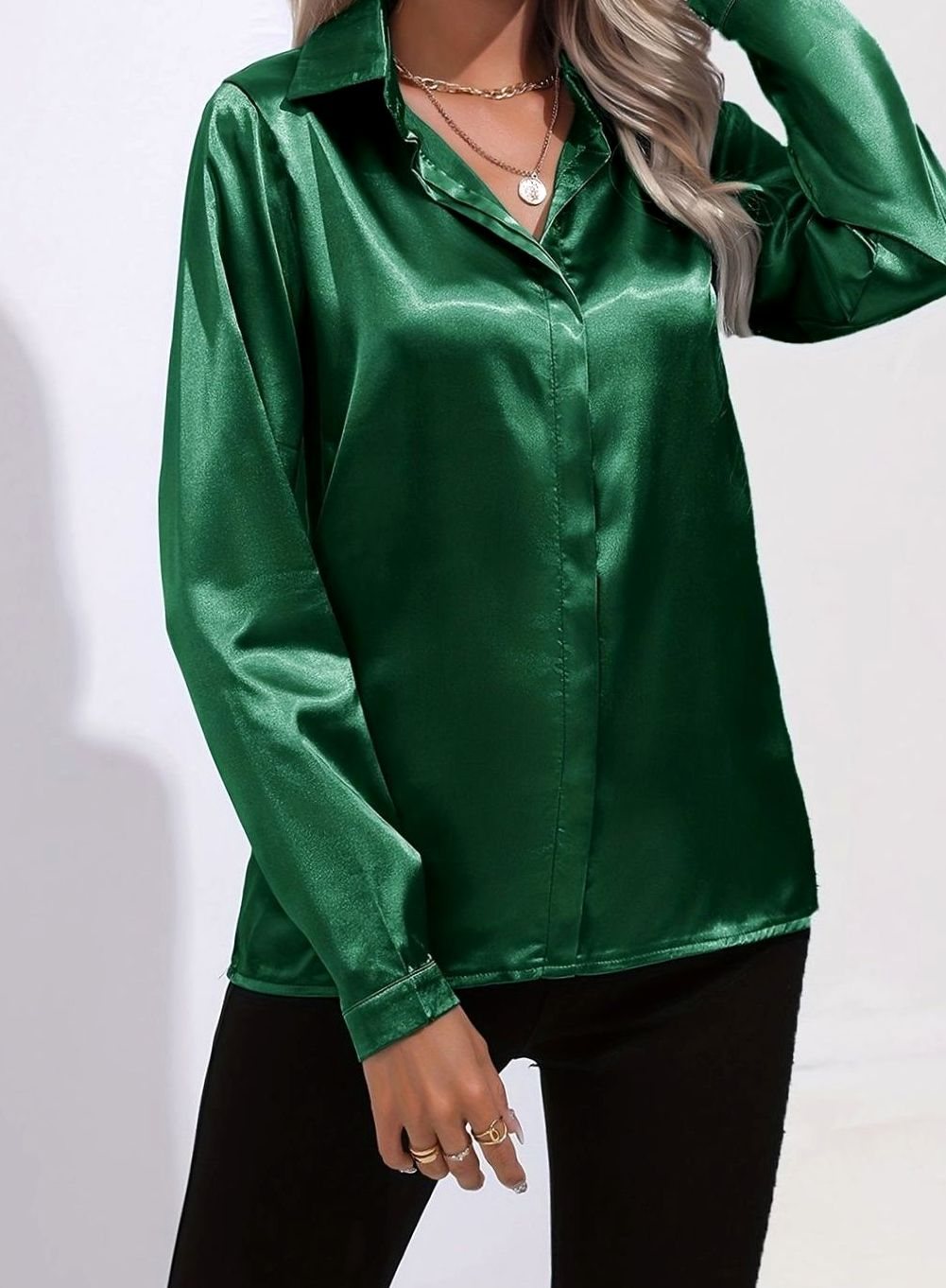 Women's Long Sleeve Button-Down Satin Blouses
