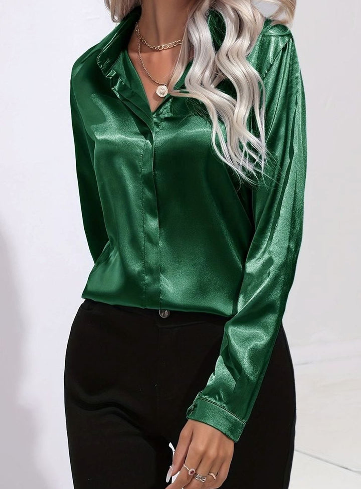 Women's Long Sleeve Button-Down Satin Blouses - Dark Green