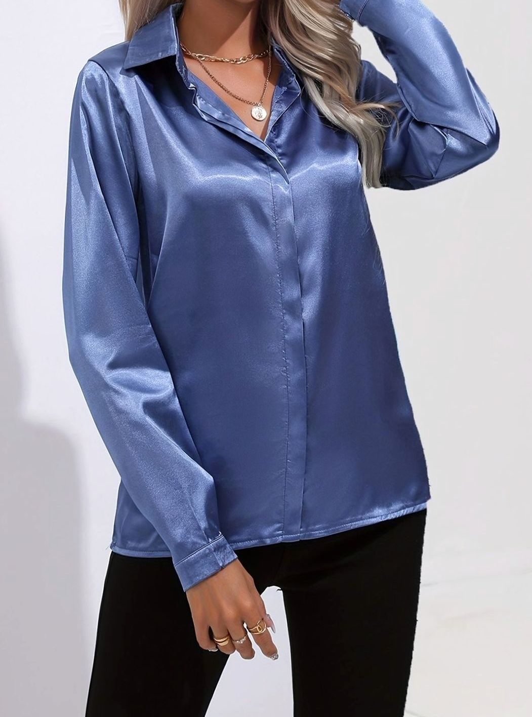 Women's Long Sleeve Button-Down Satin Blouses