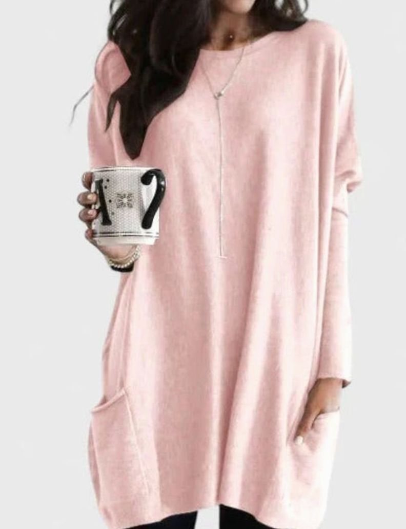 Women's Long-Sleeve Relaxed-Fit Tunic Sweater Dress with Pockets - Pink