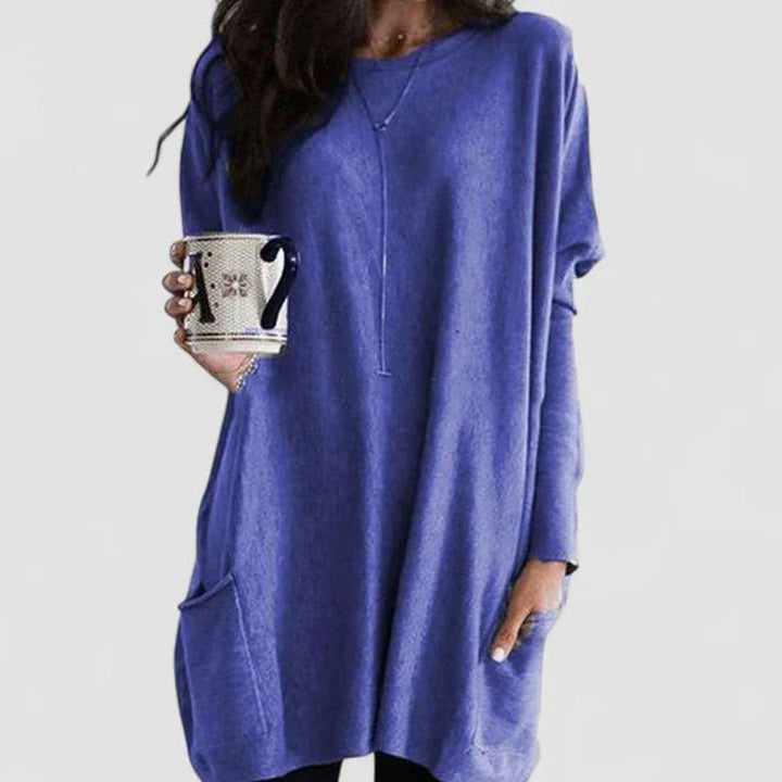 Women's Long-Sleeve Relaxed-Fit Tunic Sweater Dress with Pockets - Blue