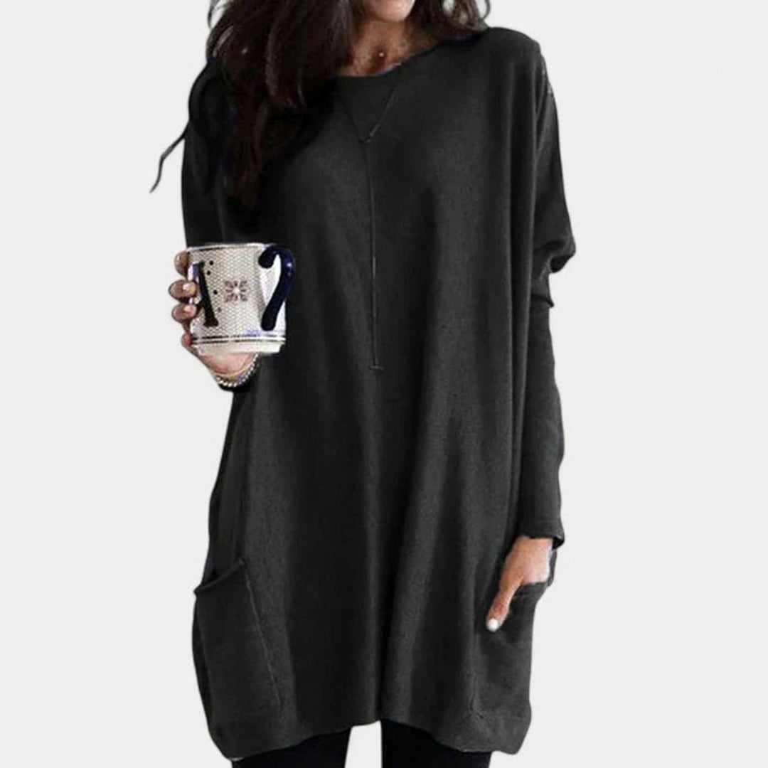 Women's Long-Sleeve Relaxed-Fit Tunic Sweater Dress with Pockets - Black
