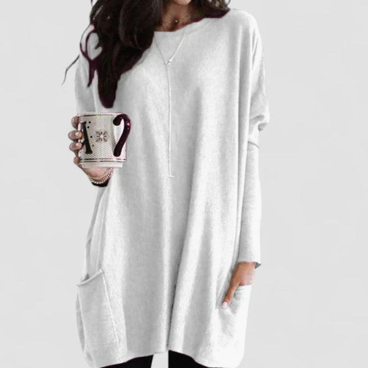 Women's Long-Sleeve Relaxed-Fit Tunic Sweater Dress with Pockets - White