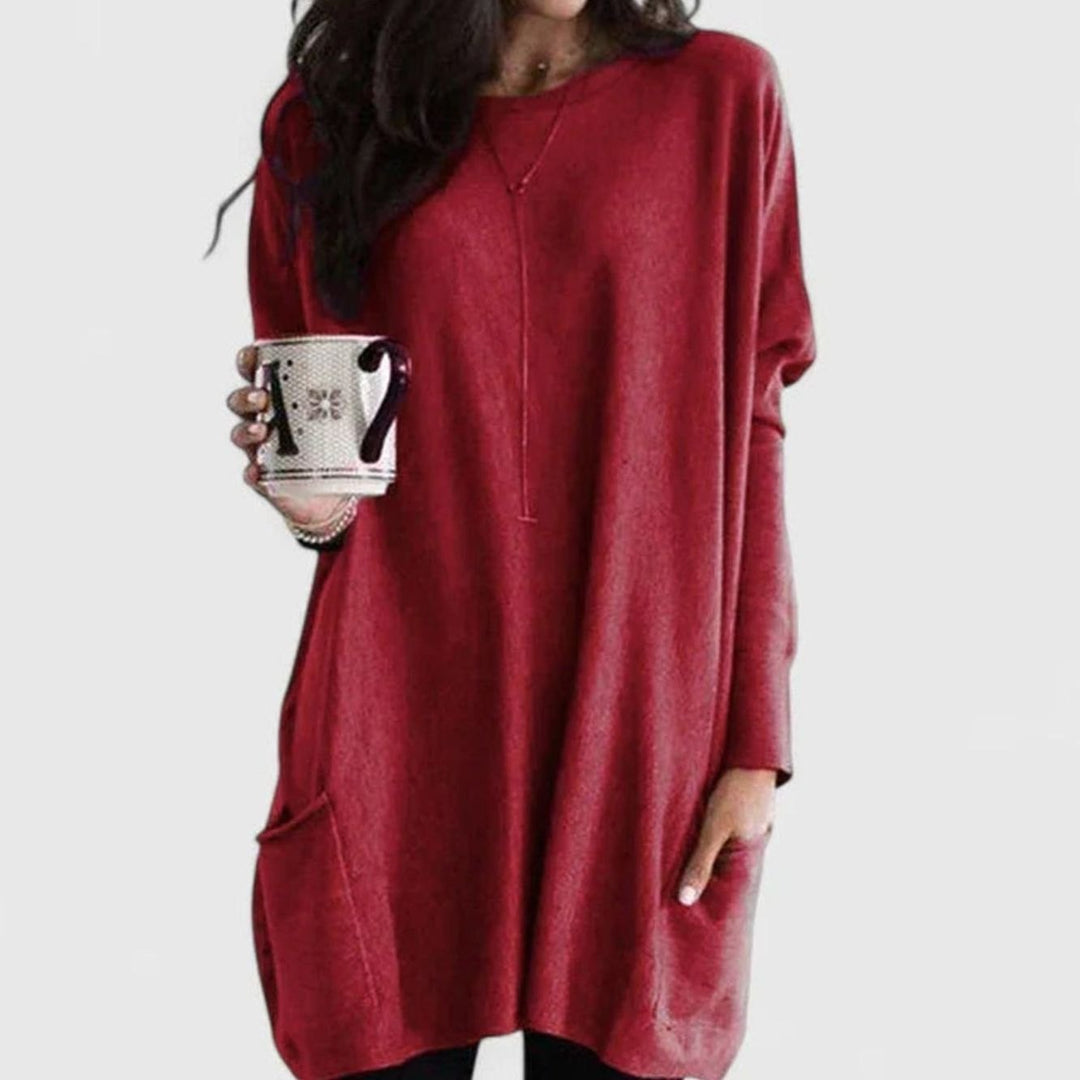 Women's Long-Sleeve Relaxed-Fit Tunic Sweater Dress with Pockets - Red