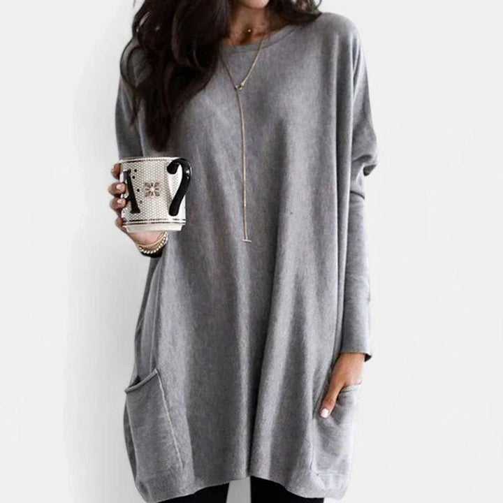 Women's Long-Sleeve Relaxed-Fit Tunic Sweater Dress with Pockets - Gray