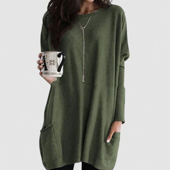 Women's Long-Sleeve Relaxed-Fit Tunic Sweater Dress with Pockets - Olive Green