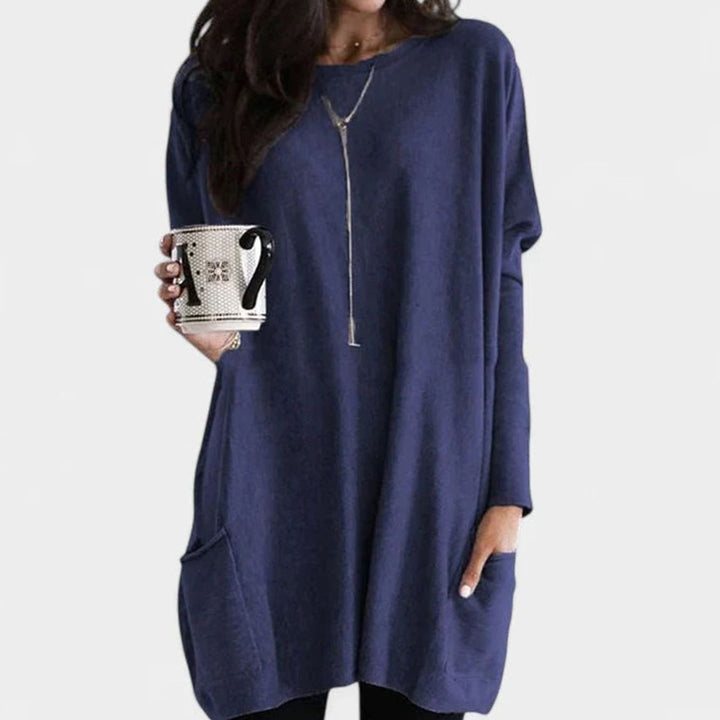 Women's Long-Sleeve Relaxed-Fit Tunic Sweater Dress with Pockets - Navy Blue