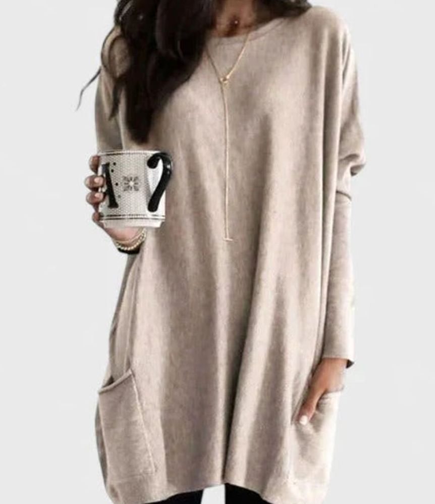 Women's Long-Sleeve Relaxed-Fit Tunic Sweater Dress with Pockets - Beige