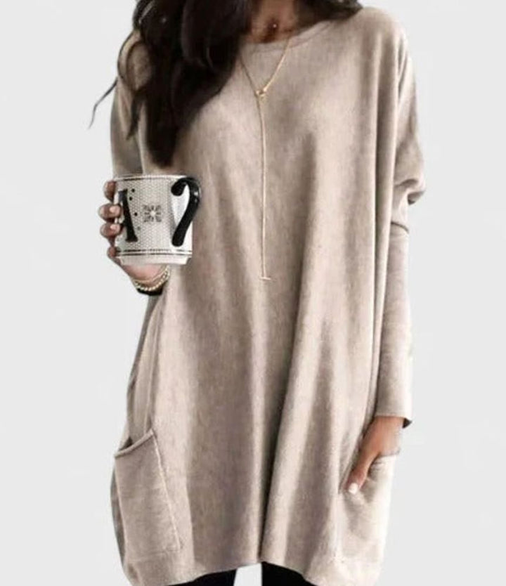 Women's Long-Sleeve Relaxed-Fit Tunic Sweater Dress with Pockets - Beige