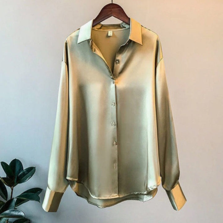 Women's Loose-Fit Button-Down Satin Blouse - Olive Green