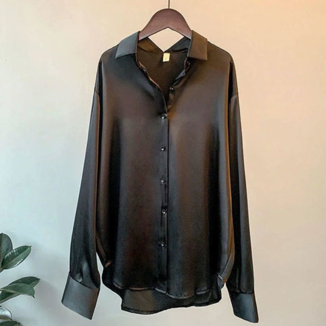 Women's Loose-Fit Button-Down Satin Blouse - Black