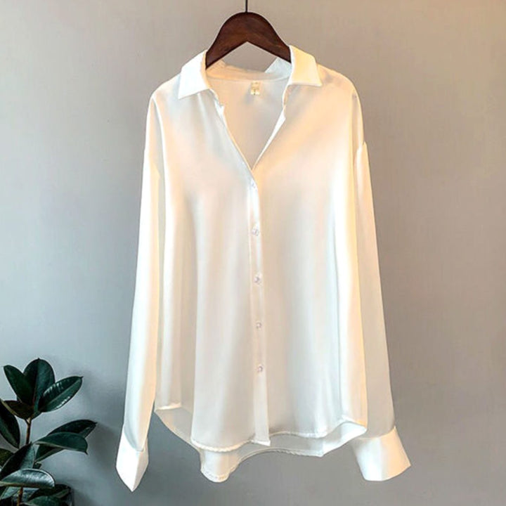Women's Loose-Fit Button-Down Satin Blouse - White