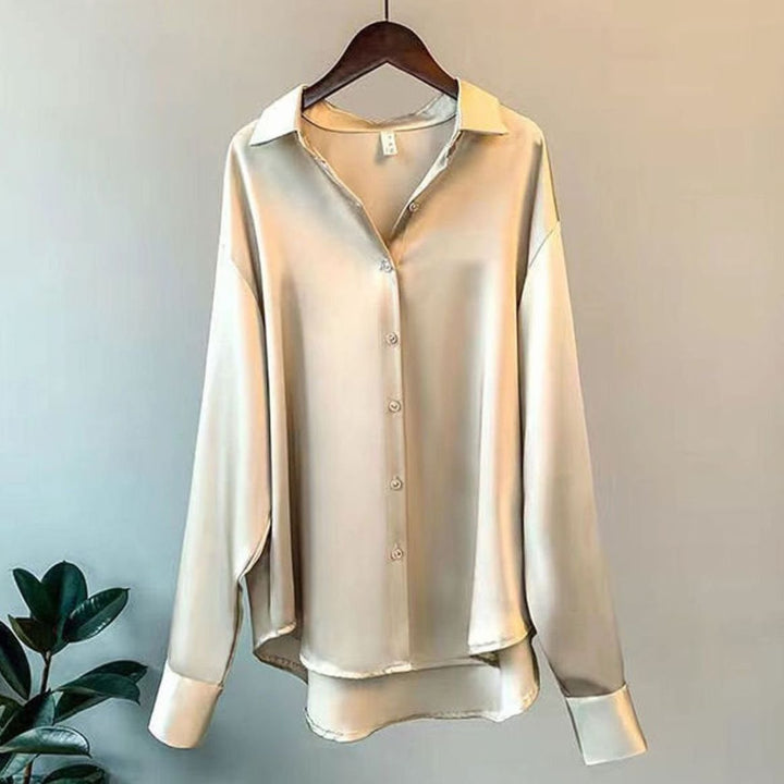 Women's Loose-Fit Button-Down Satin Blouse - Beige