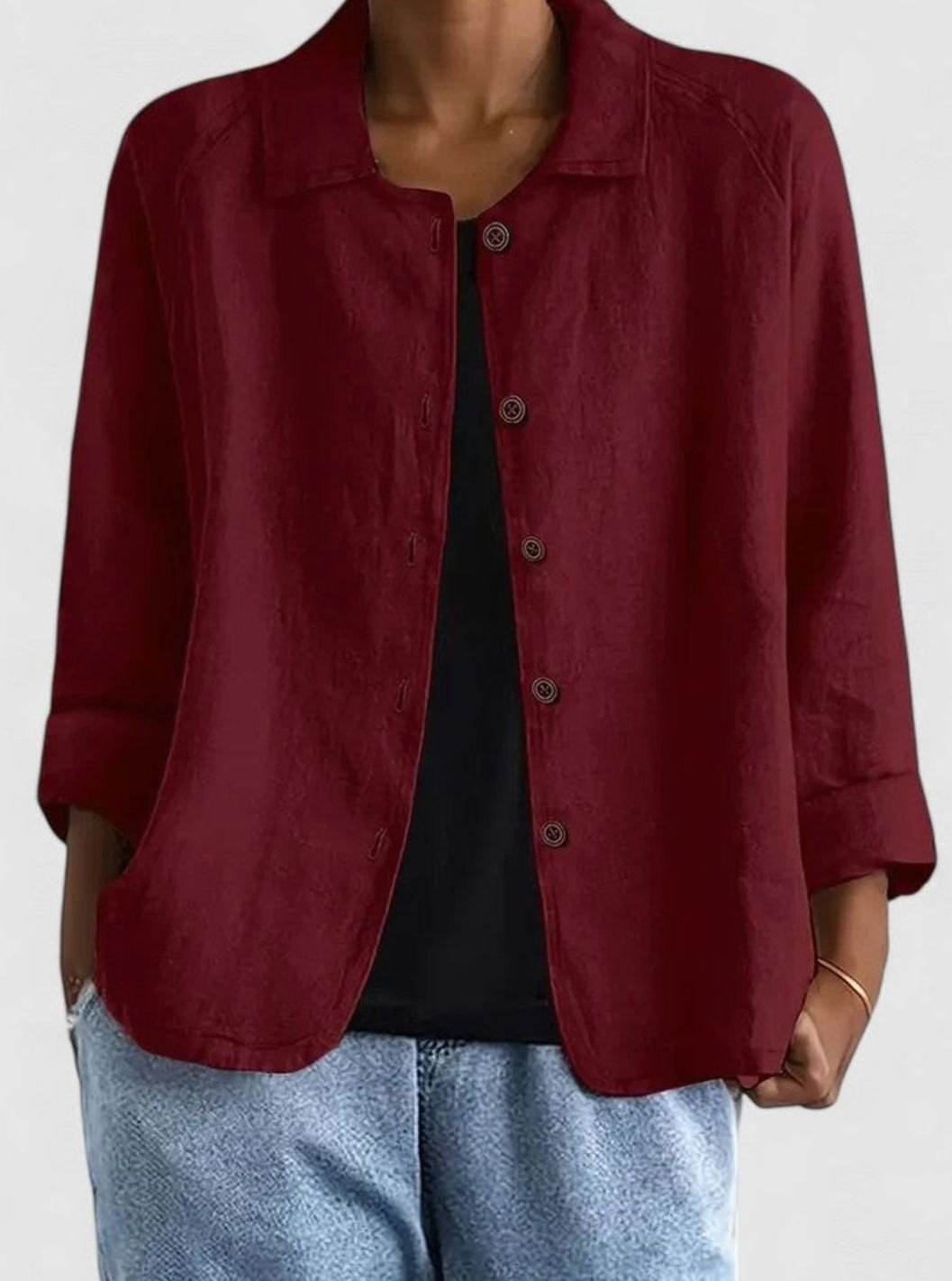 Women's Loose-Fit Button-Front Layering Top Collared Cardigan - Red