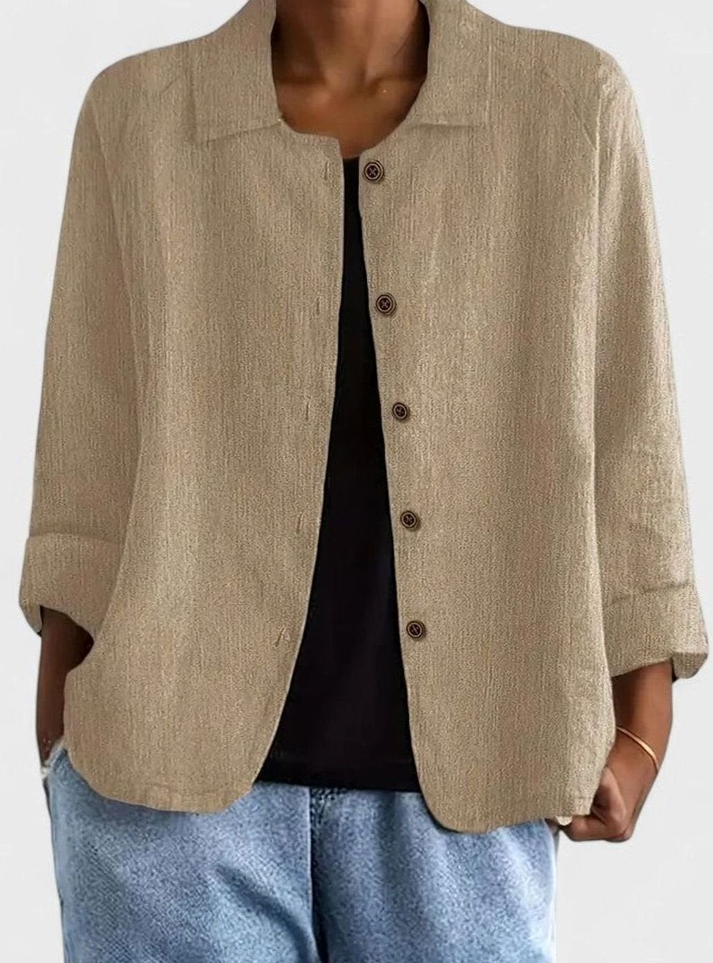 Women's Loose-Fit Button-Front Layering Top Collared Cardigan - Khaki