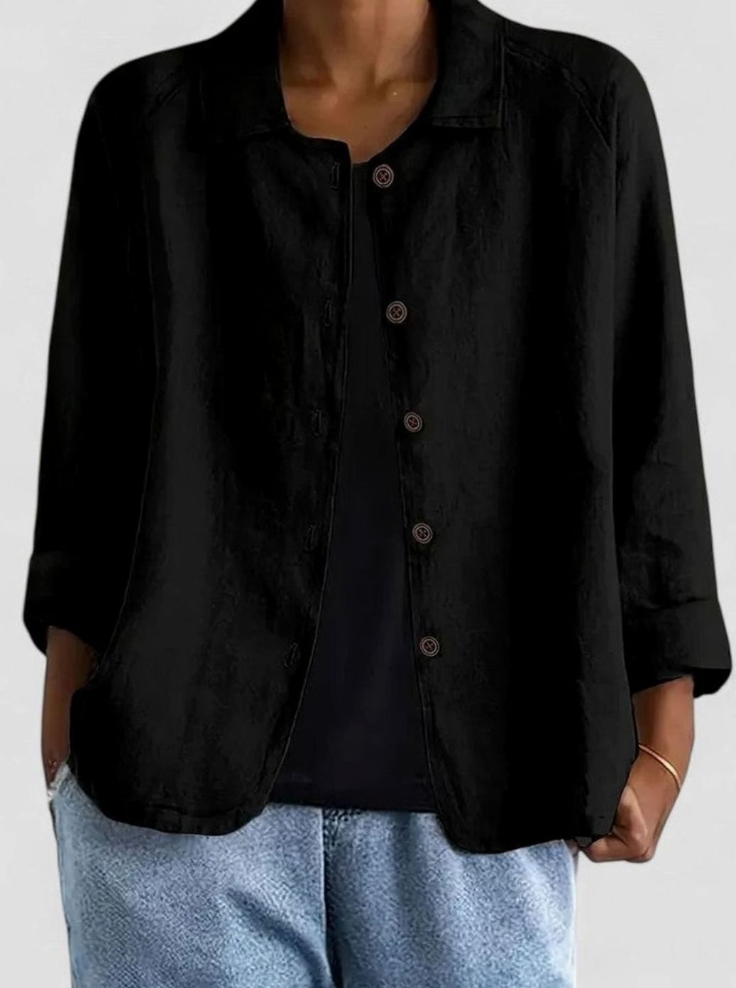 Women's Loose-Fit Button-Front Layering Top Collared Cardigan - Black
