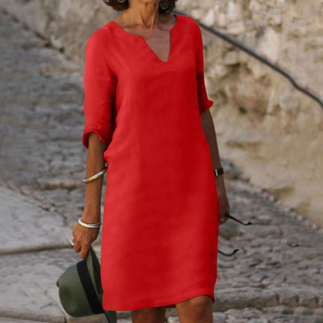 Women's Loose-Fit V-Neck Half-Sleeve Midi Dress - Red