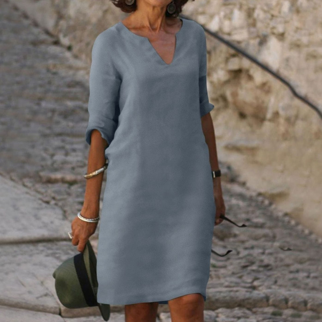 Women's Loose-Fit V-Neck Half-Sleeve Midi Dress - Grey