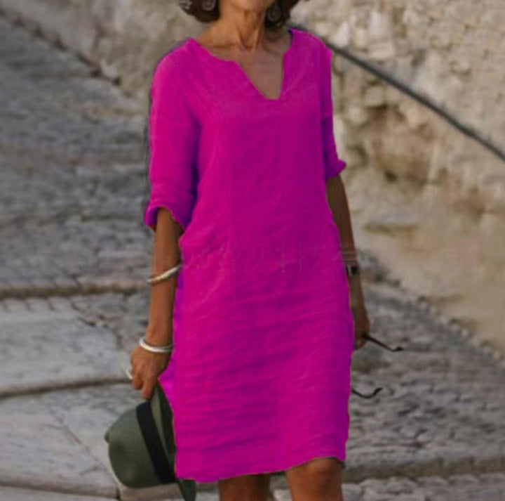 Women's Loose-Fit V-Neck Half-Sleeve Midi Dress - Lilac
