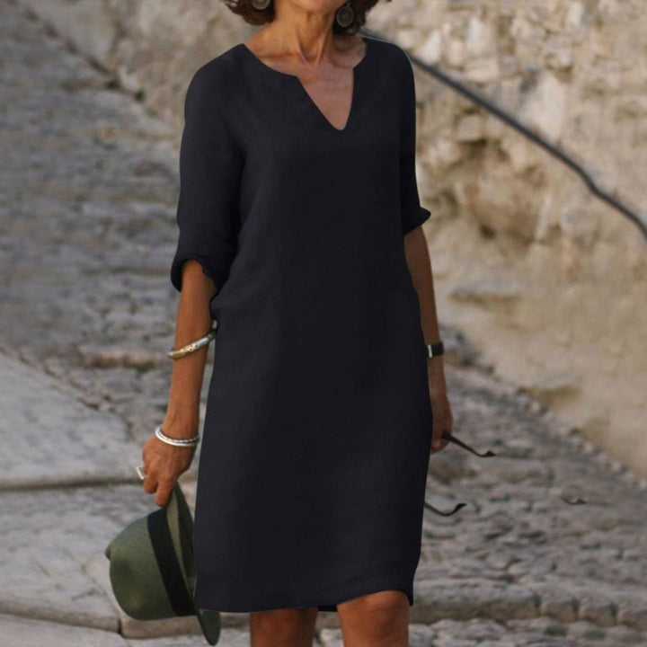 Women's Loose-Fit V-Neck Half-Sleeve Midi Dress - Black