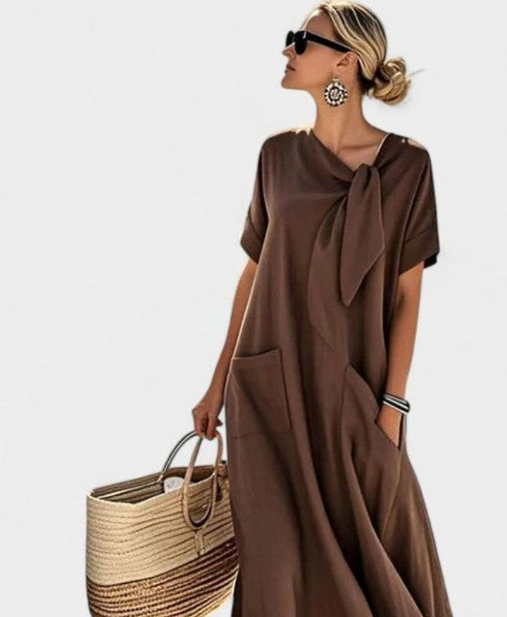 Women's Loose Flowing Dress Neck-Tie Short-Sleeve Maxi Pockets - Brown