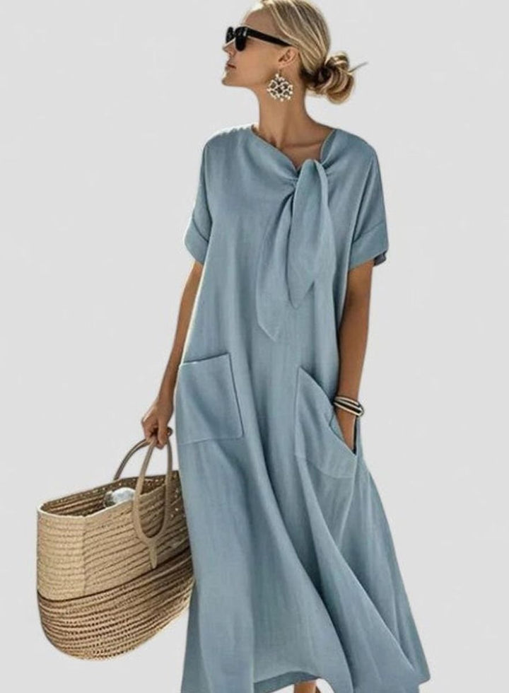 Women's Loose Flowing Dress Neck-Tie Short-Sleeve Maxi Pockets - Blue