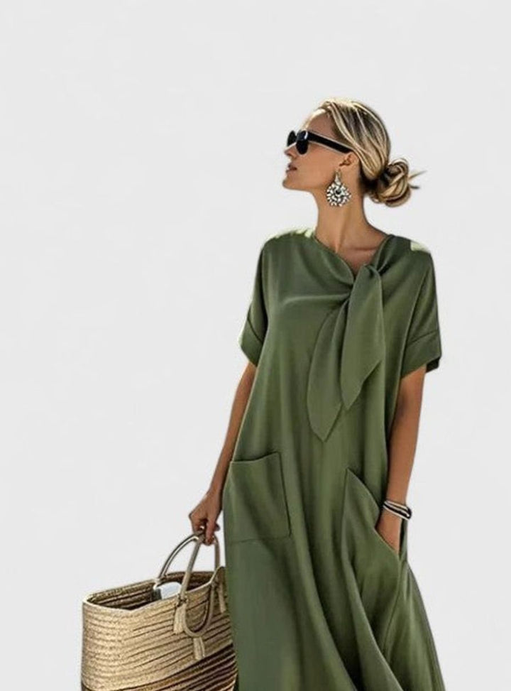 Women's Loose Flowing Dress Neck-Tie Short-Sleeve Maxi Pockets - Army Green
