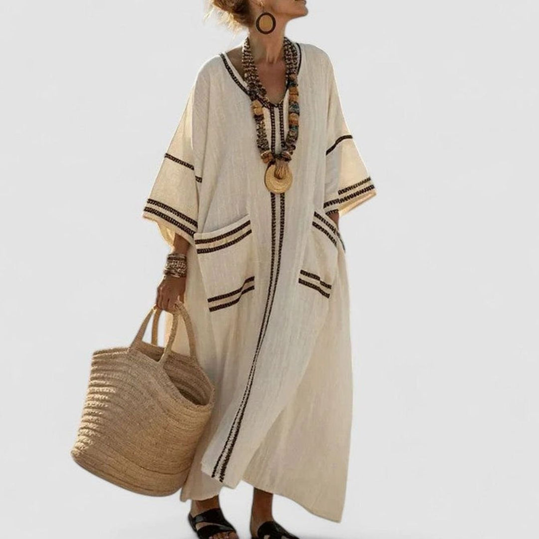 Women's Loose V-Neck Bohemian Dress Striped Maxi Kaftan - Gray