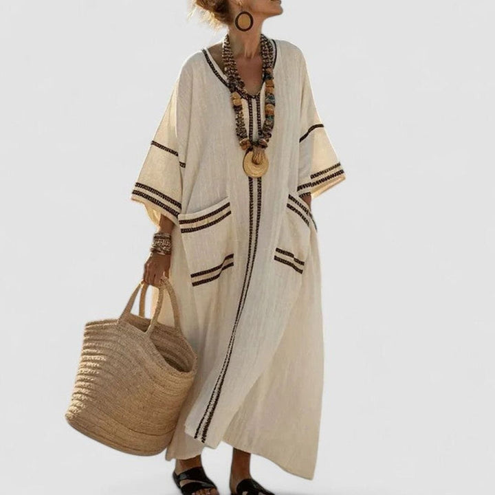 Women's Loose V-Neck Bohemian Dress Striped Maxi Kaftan - Gray