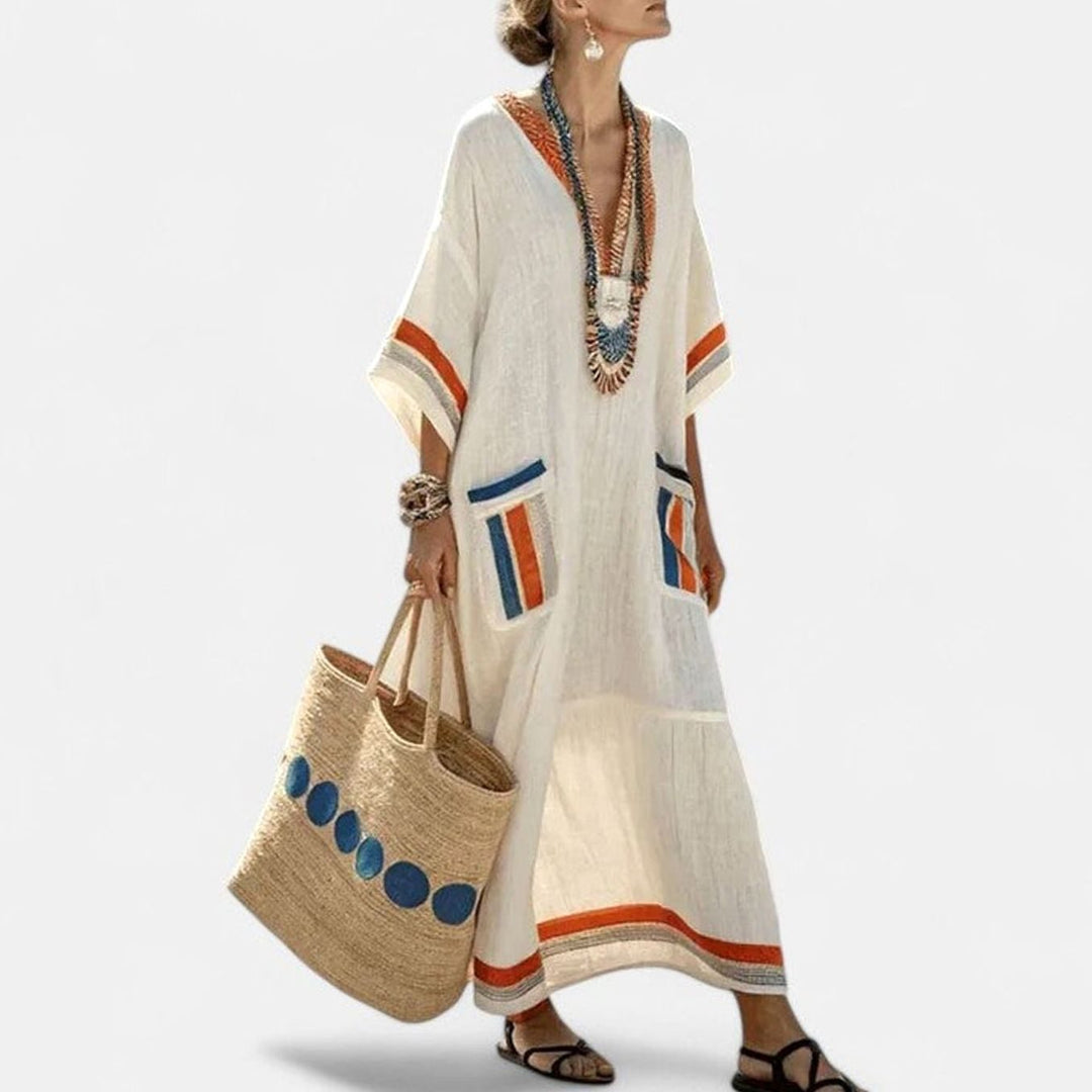 Women's Loose V-Neck Bohemian Dress Striped Maxi Kaftan - A1