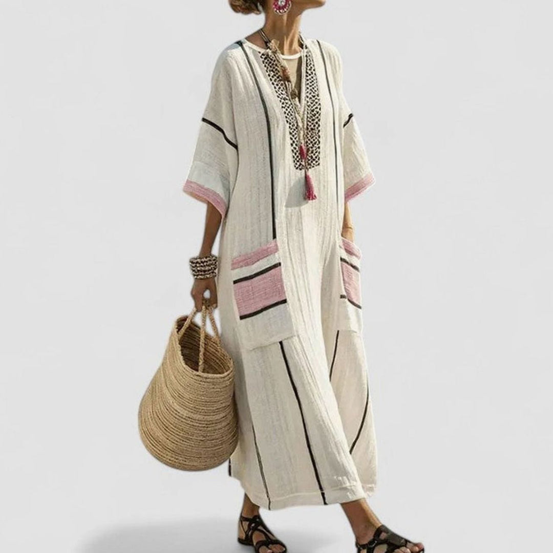 Women's Loose V-Neck Bohemian Dress Striped Maxi Kaftan - Black Pink