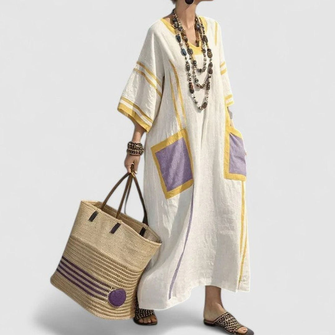 Women's Loose V-Neck Bohemian Dress Striped Maxi Kaftan - Yellow Purple