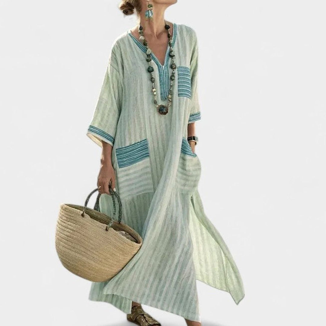 Women's Loose V-Neck Bohemian Dress Striped Maxi Kaftan - Blackish Green