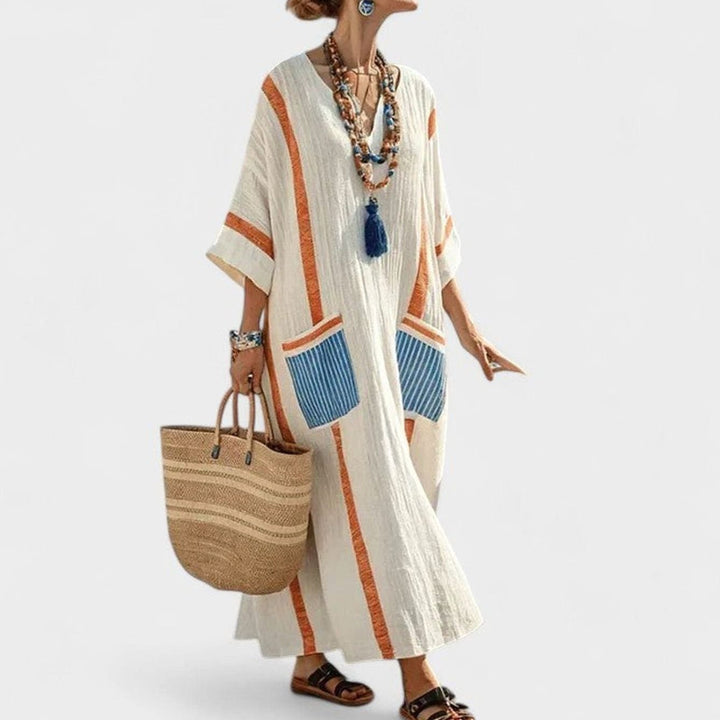 Women's Loose V-Neck Bohemian Dress Striped Maxi Kaftan - Orange Blue
