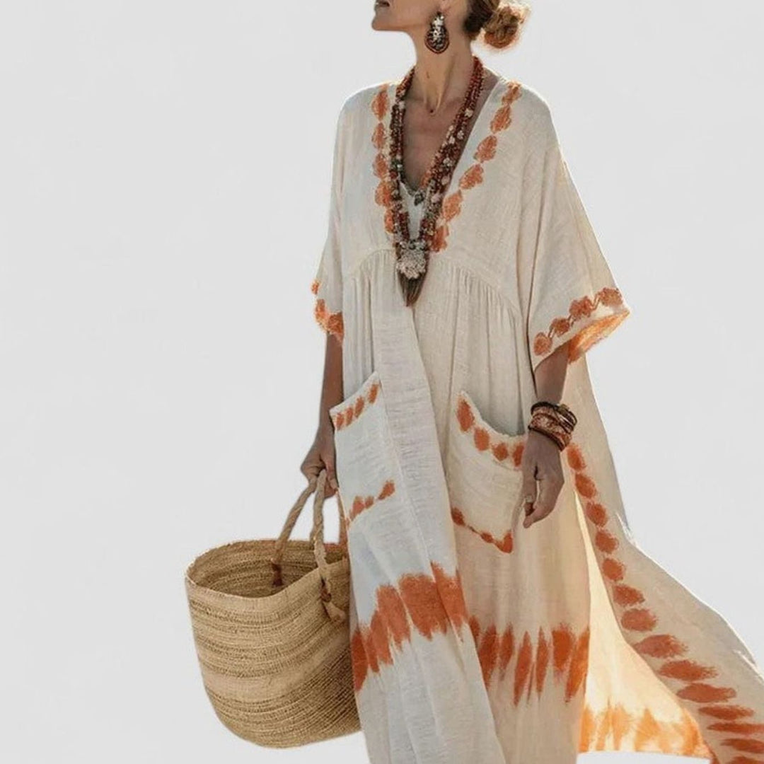 Women's Loose V-Neck Bohemian Dress Striped Maxi Kaftan - Orange