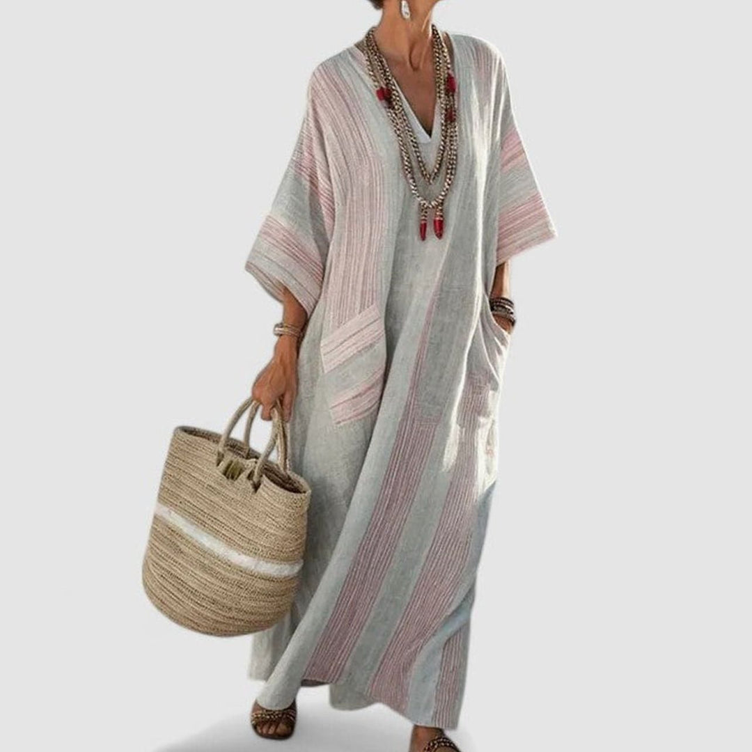 Women's Loose V-Neck Bohemian Dress Striped Maxi Kaftan