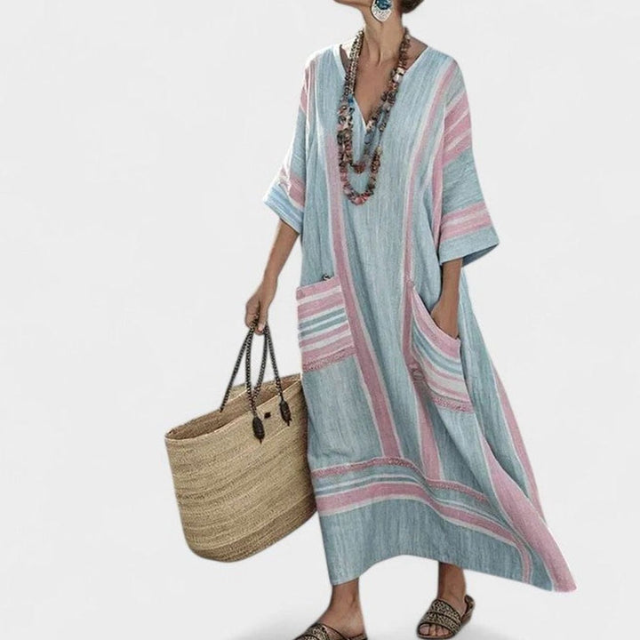 Women's Loose V-Neck Bohemian Dress Striped Maxi Kaftan - Pink Green