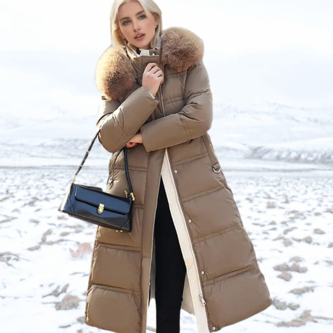 Women's Luxury Fur-Hood Long Puffer Winter Parka - Brown