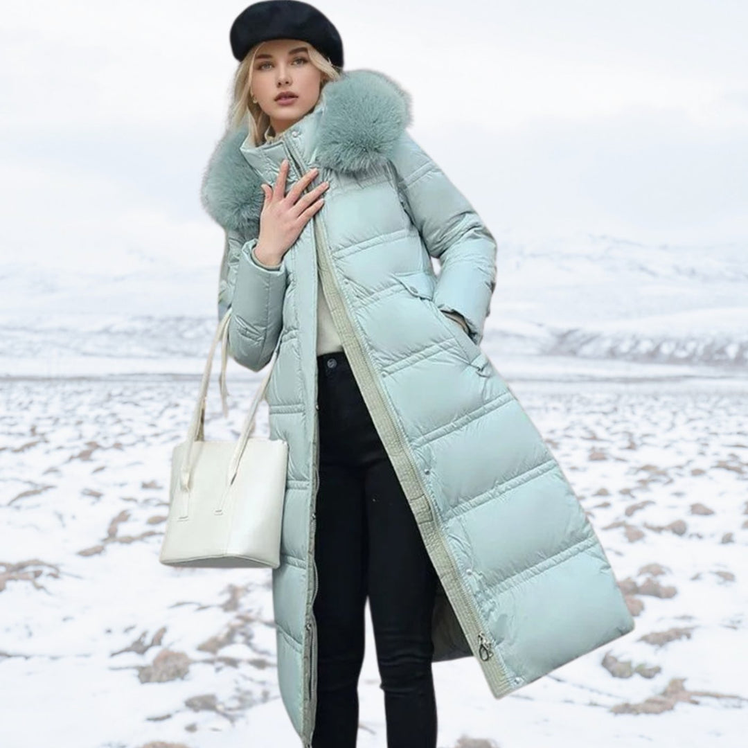 Women's Luxury Fur-Hood Long Puffer Winter Parka - Blue
