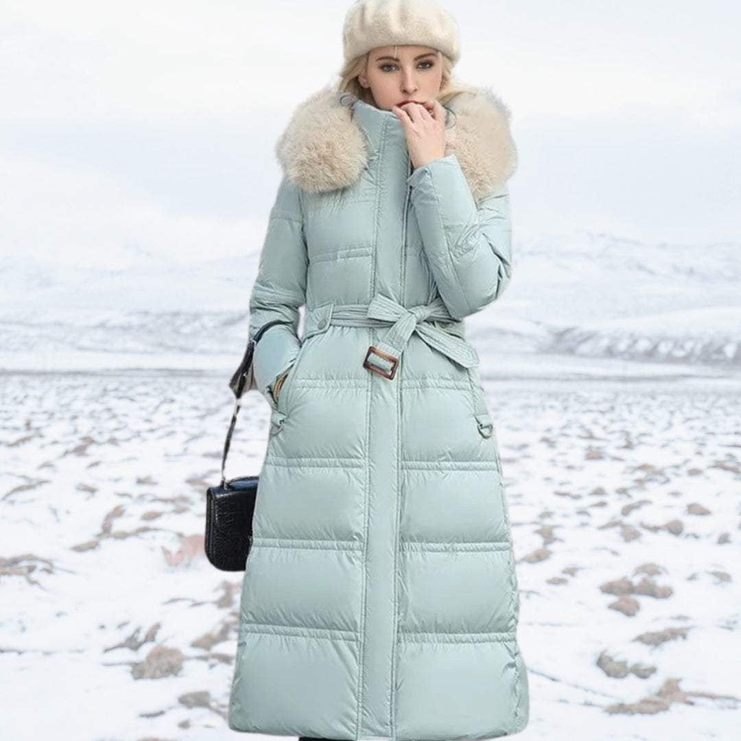 Women's Luxury Fur-Hood Long Puffer Winter Parka - Blue and White