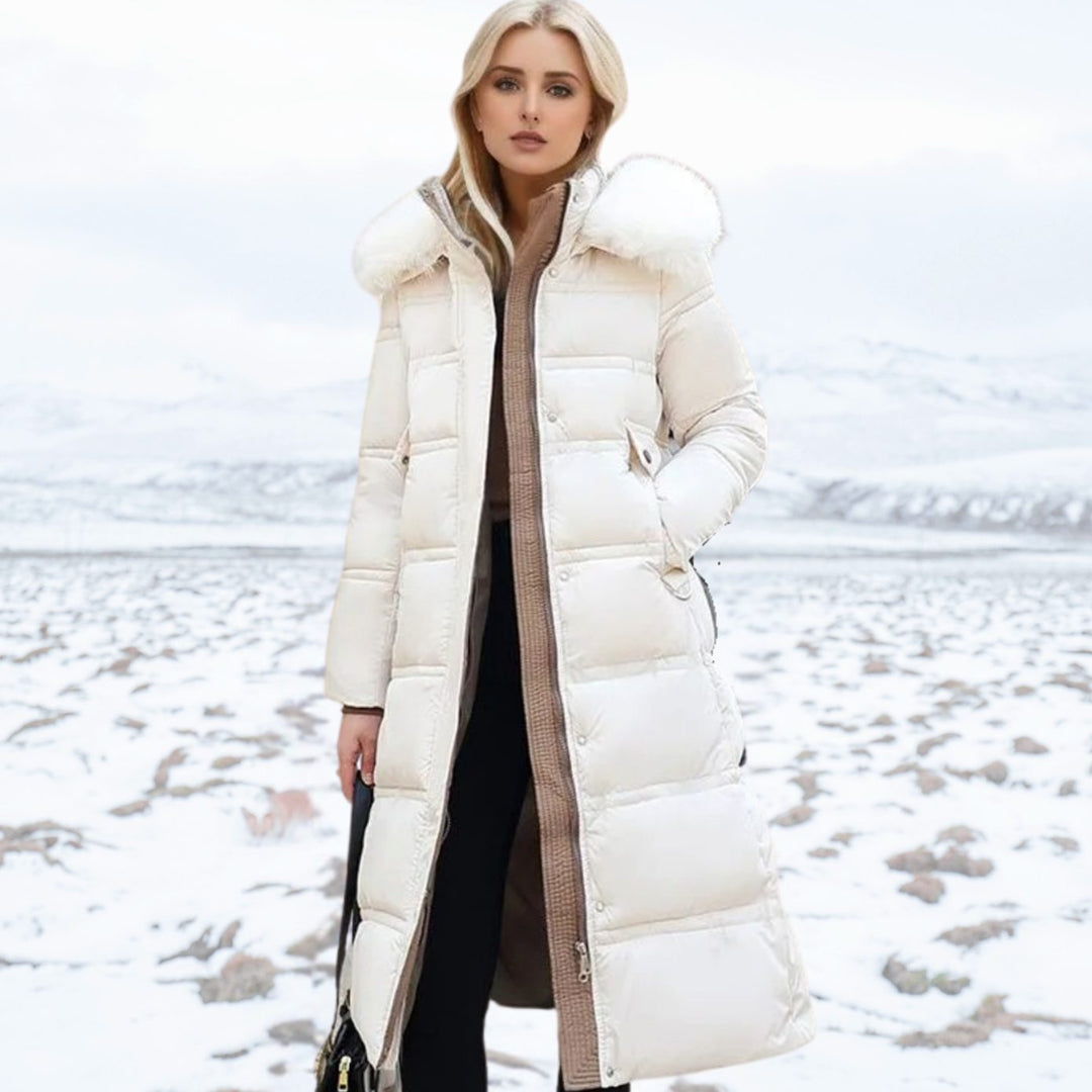 Women's Luxury Fur-Hood Long Puffer Winter Parka - White