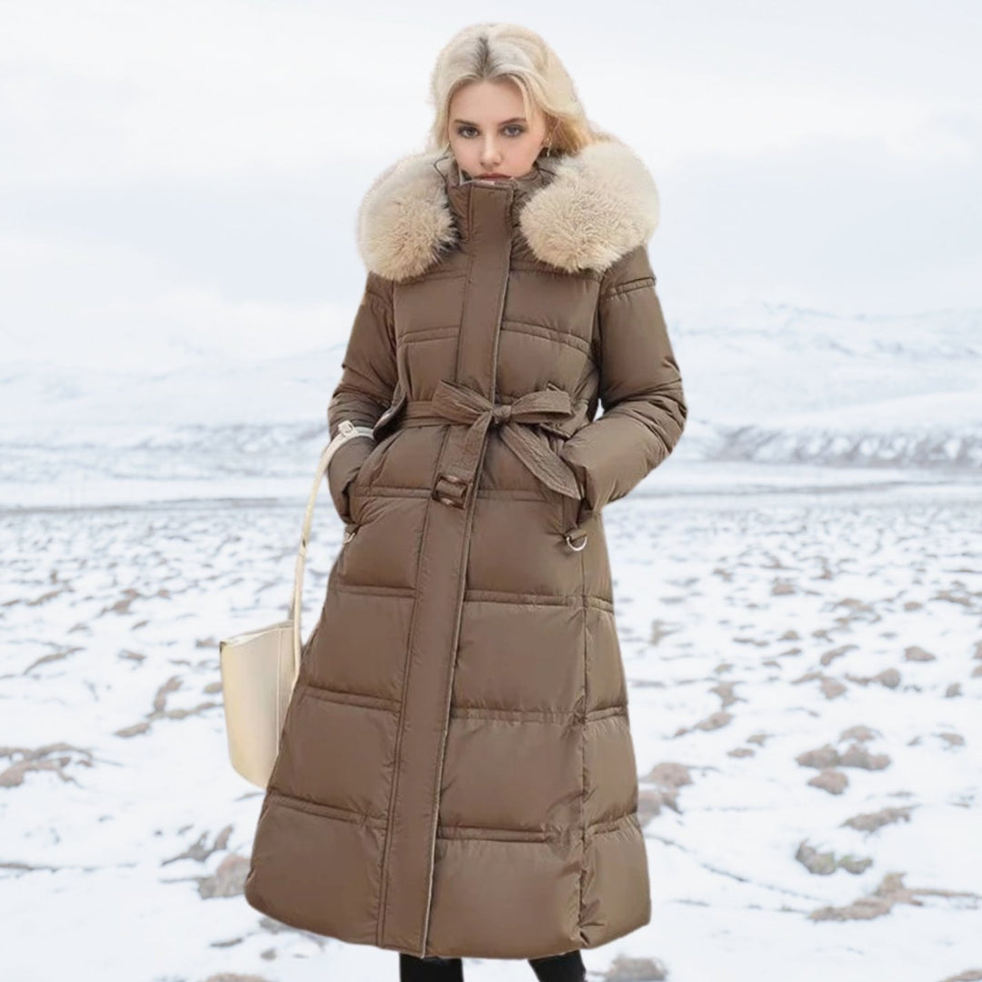Women's Luxury Fur-Hood Long Puffer Winter Parka - Brown and Beige