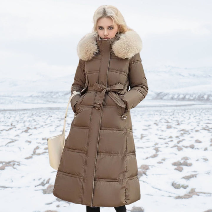 Women's Luxury Fur-Hood Long Puffer Winter Parka - Brown and Beige