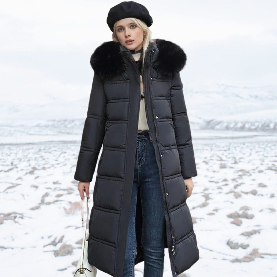 Women's Luxury Fur-Hood Long Puffer Winter Parka - Black