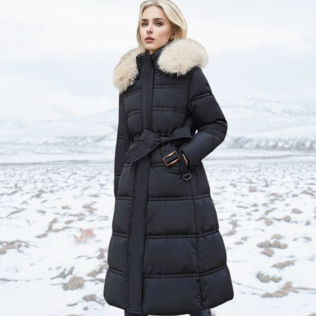 Women's Luxury Fur-Hood Long Puffer Winter Parka - Black and White