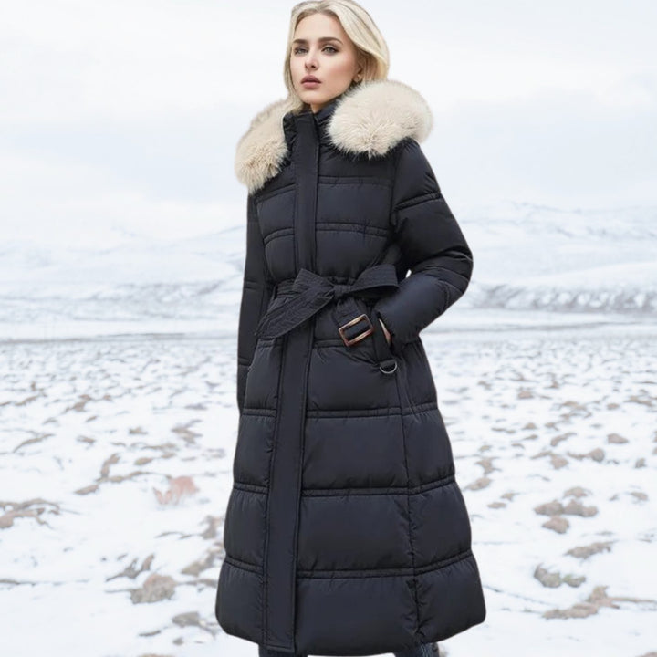 Women's Luxury Fur-Hood Long Puffer Winter Parka - Black and White