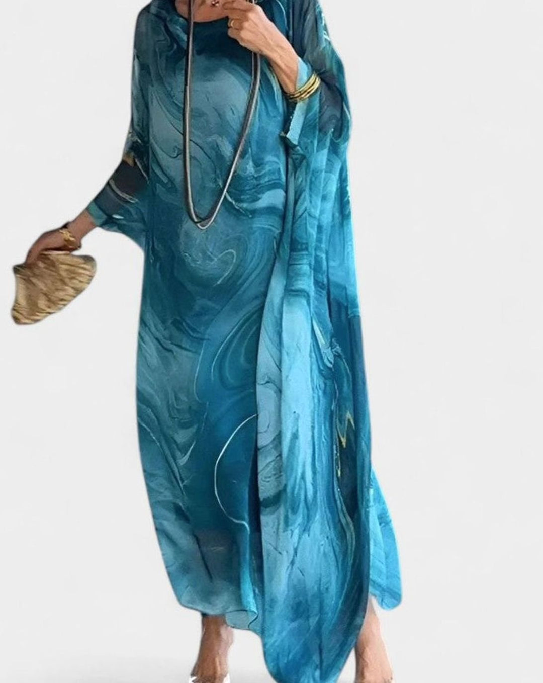 Women's Marble-Print Batwing-Sleeve Elegant Dress Maxi Kaftan - Blue