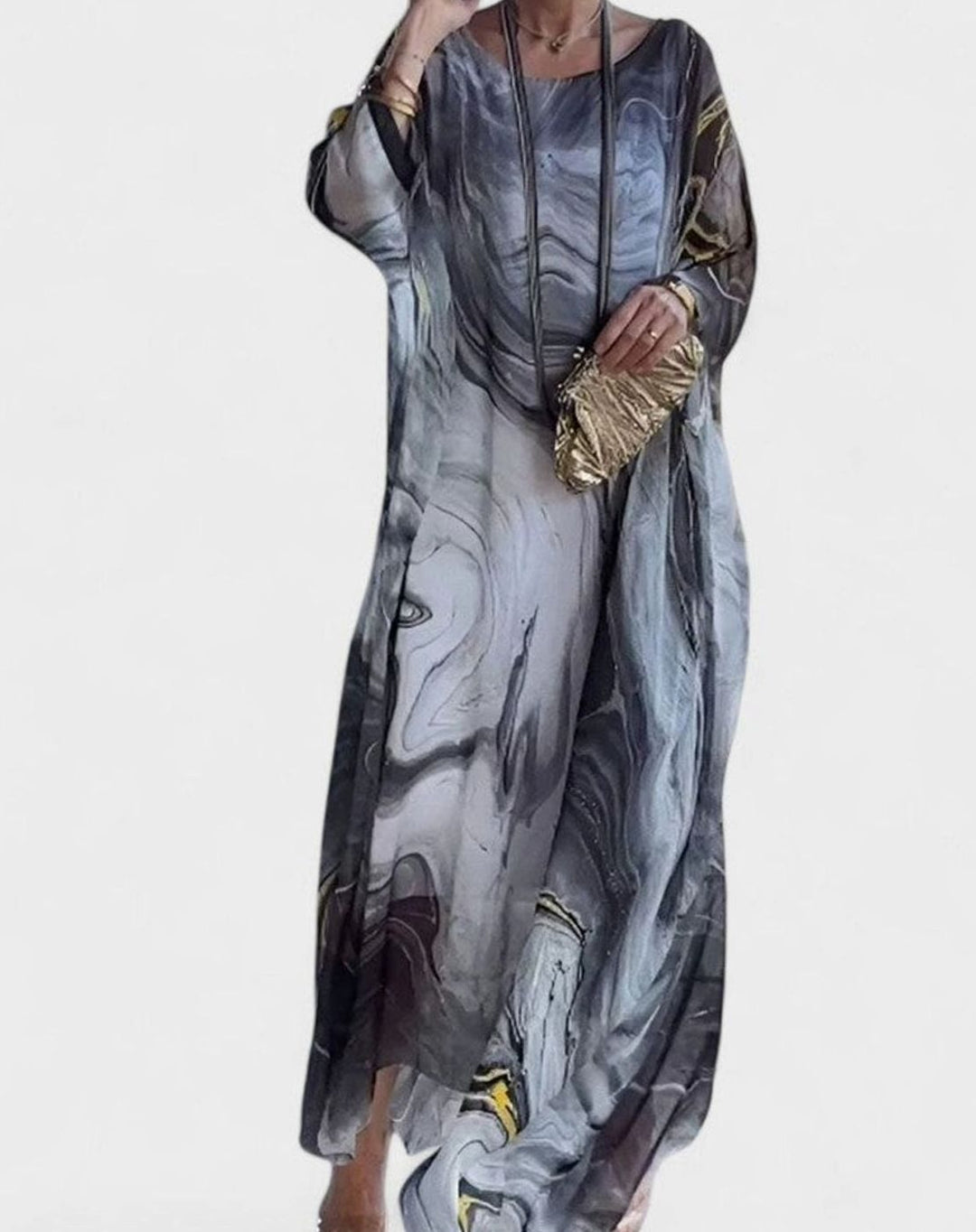 Women's Marble-Print Batwing-Sleeve Elegant Dress Maxi Kaftan - Gray