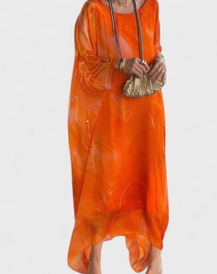 Women's Marble-Print Batwing-Sleeve Elegant Dress Maxi Kaftan - Orange